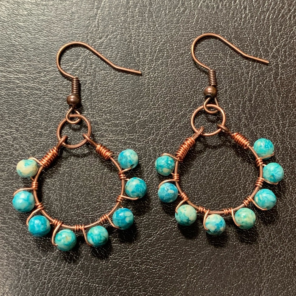 ⭐️2/$10 Artisan Copper Wire Wrapped Turquoise Hoops Earrings